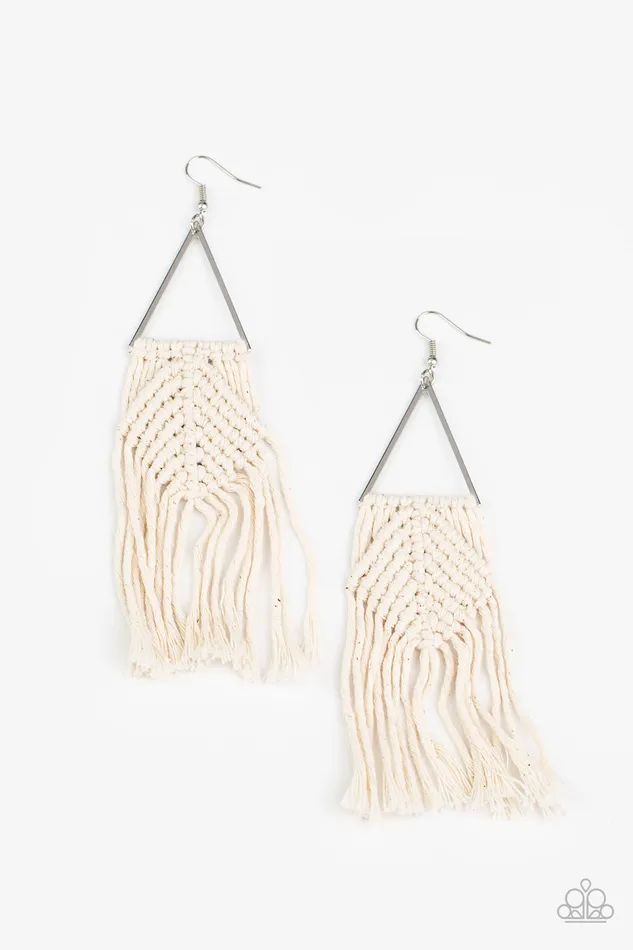 Macrame Jungle White Thread Silver Triangle Earrings Paparazzi Paparazzi Accessories Earrings Macrame Jungle White Thread Silver Triangle Earrings Paparazzi Paparazzi Accessories Earrings