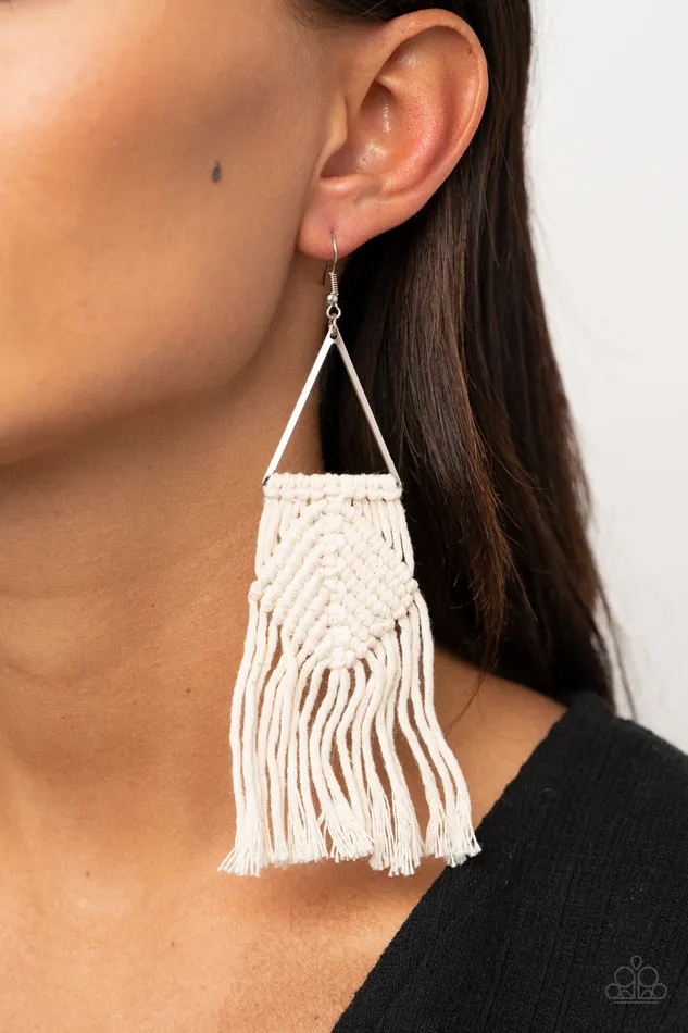 Macrame Jungle White Thread Silver Triangle Earrings Paparazzi Paparazzi Accessories Earrings