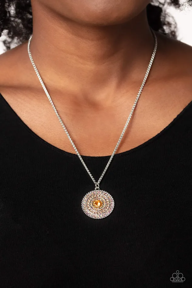 Mandala Masterpiece Orange Topaz Iridescent Rhinestone Silver Short Necklace Paparazzi Paparazzi Accessories Necklaces