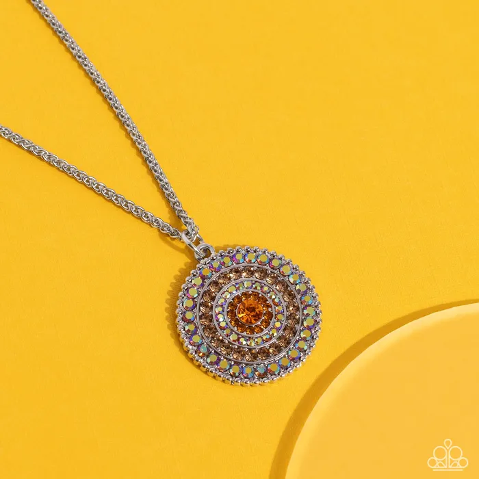 Mandala Masterpiece Orange Topaz Iridescent Rhinestone Silver Short Necklace Paparazzi Paparazzi Accessories Necklaces