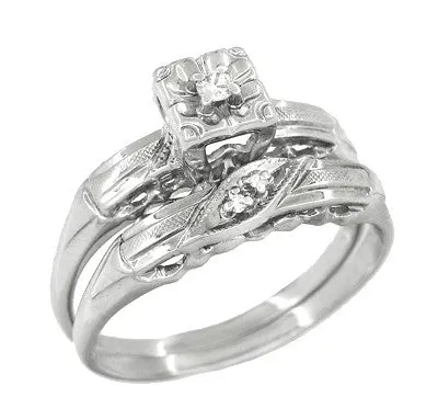Mid Century Retro Moderne Engagement Ring and Wedding Ring Set in 14K White Gold Antique Jewelry Mall Rings Mid Century Retro Moderne Engagement Ring and Wedding Ring Set in 14K White Gold Antique Jewelry Mall Rings