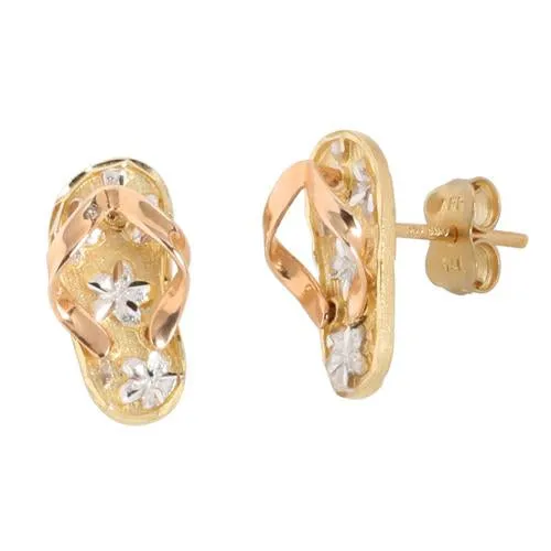 Nakoa 14K TriColor Gold Slipper Flip Flop Plumeria Post Earrings Earrings