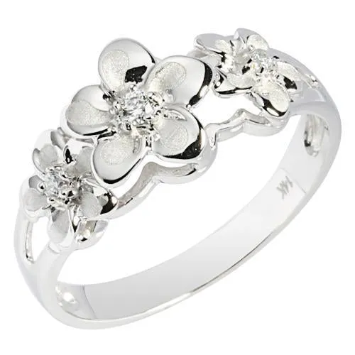 Nakoa 14K White Gold Triple Plumeria Ring with CZ Sandblast Polish Edge S Rings