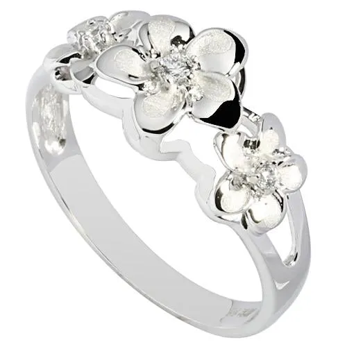 Nakoa 14K White Gold Triple Plumeria Ring with CZ Sandblast Polish Edge S Rings