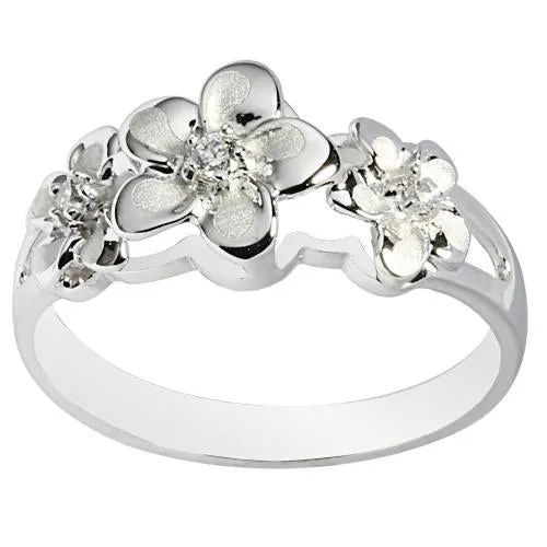 Nakoa 14K White Gold Triple Plumeria Ring with CZ Sandblast Polish Edge S Rings