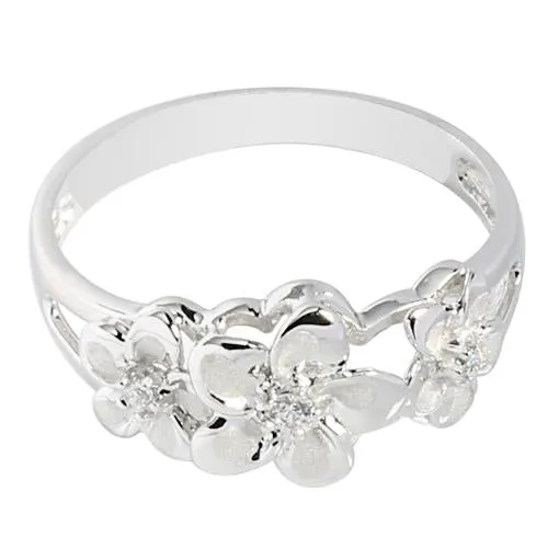 Nakoa 14K White Gold Triple Plumeria Ring with CZ Sandblast Polish Edge S Rings
