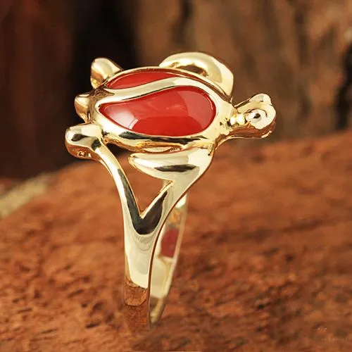 Nakoa 14K Yellow Gold Honu Hawaiian Turtle with Red Coral Inlaid Ring Rings Nakoa 14K Yellow Gold Honu Hawaiian Turtle with Red Coral Inlaid Ring Rings