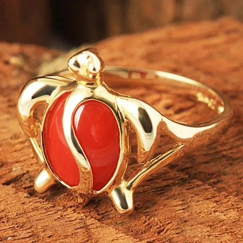 Nakoa 14K Yellow Gold Honu Hawaiian Turtle with Red Coral Inlaid Ring Rings