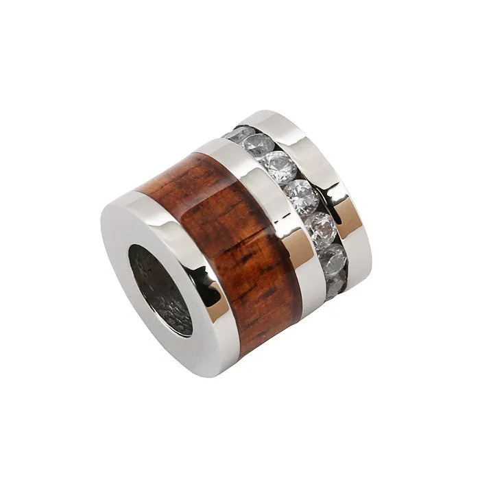 Nakoa Necklaces Titanium Koa Wood Cubic Zirconia Barrel Pendant 10mm Chain Sold Separately