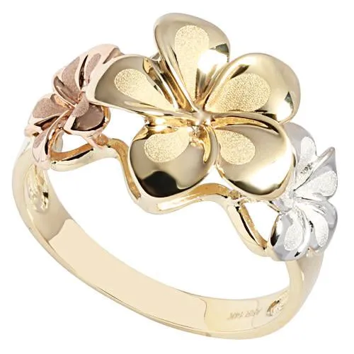 Nakoa Rings 14K TriColor Gold Triple Plumeria Ring Sandblast Polish Edge M