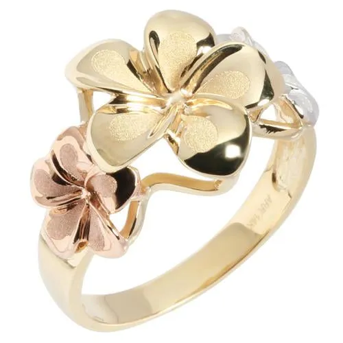 Nakoa Rings 14K TriColor Gold Triple Plumeria Ring Sandblast Polish Edge M