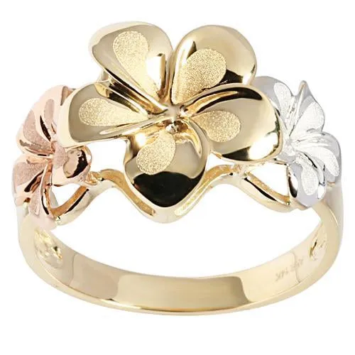 Nakoa Rings 14K TriColor Gold Triple Plumeria Ring Sandblast Polish Edge M