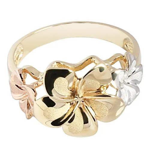 Nakoa Rings 14K TriColor Gold Triple Plumeria Ring Sandblast Polish Edge M