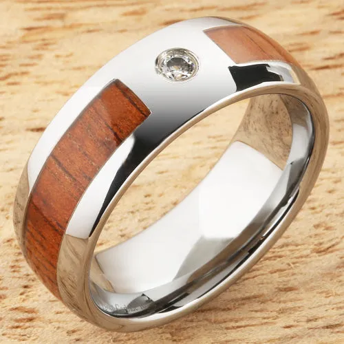 Nakoa Rings 8mm Natural Hawaiian Koa Wood Inlaid Tungsten with CZ Oval Wedding Ring