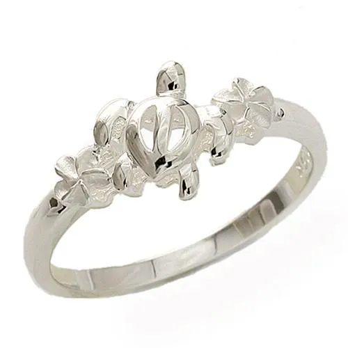 Nakoa Rings Sterling Silver Honu Hawaiian Turtle and Two Plumeria Ring