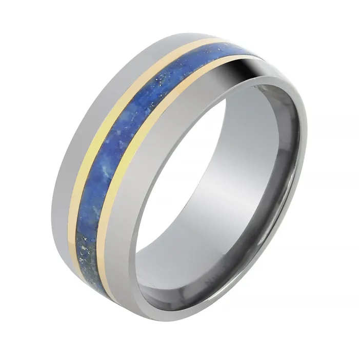 Nakoa Rings Tantalum with 14K Yellow Gold and Lapis Lazuli Inlaid Wedding Ring Barrel 8mm Nakoa Rings Tantalum with 14K Yellow Gold and Lapis Lazuli Inlaid Wedding Ring Barrel 8mm