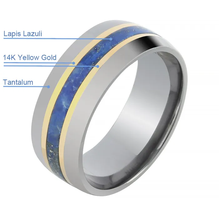 Nakoa Rings Tantalum with 14K Yellow Gold and Lapis Lazuli Inlaid Wedding Ring Barrel 8mm