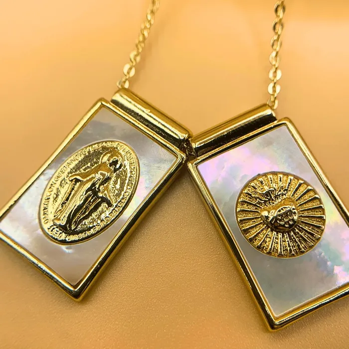 Necklaces BRAZIL GoldPlated Mother of Pearl Scapular Necklace 18inch