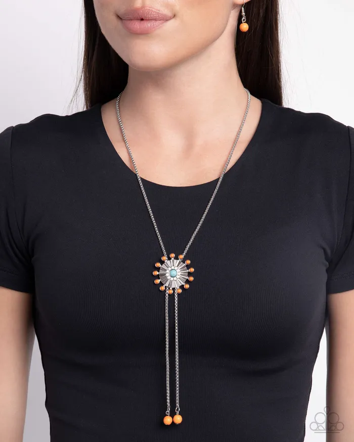 Necklaces Desert Dalliance Orange and Turquoise Stone Silver Y Short Necklace Paparazzi Paparazzi Accessories