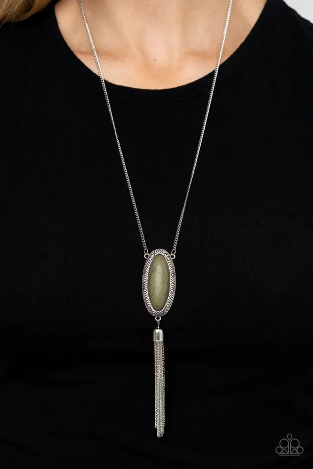 Necklaces Ethereal Eden Green Olive Stone Silver Tribal Necklace Paparazzi Paparazzi Accessories