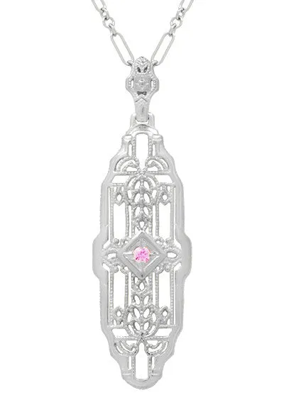 Necklaces Filigree Art Deco Pink Sapphire Lozenge Shape Necklace in Sterling Silver Antique Jewelry Mall Necklaces Filigree Art Deco Pink Sapphire Lozenge Shape Necklace in Sterling Silver Antique Jewelry Mall