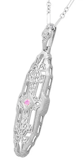 Necklaces Filigree Art Deco Pink Sapphire Lozenge Shape Necklace in Sterling Silver Antique Jewelry Mall Necklaces Filigree Art Deco Pink Sapphire Lozenge Shape Necklace in Sterling Silver Antique Jewelry Mall