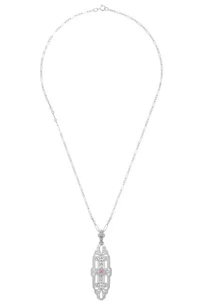 Necklaces Filigree Art Deco Pink Sapphire Lozenge Shape Necklace in Sterling Silver Antique Jewelry Mall Necklaces Filigree Art Deco Pink Sapphire Lozenge Shape Necklace in Sterling Silver Antique Jewelry Mall