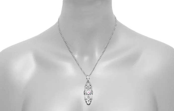 Necklaces Filigree Art Deco Pink Sapphire Lozenge Shape Necklace in Sterling Silver Antique Jewelry Mall Necklaces Filigree Art Deco Pink Sapphire Lozenge Shape Necklace in Sterling Silver Antique Jewelry Mall