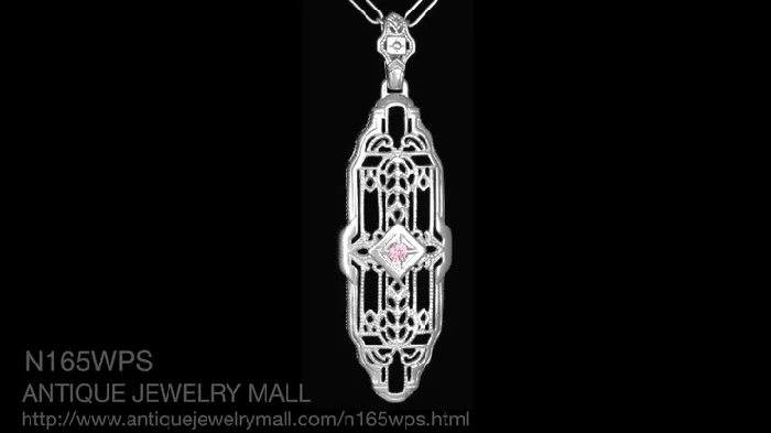 Necklaces Filigree Art Deco Pink Sapphire Lozenge Shape Necklace in Sterling Silver Antique Jewelry Mall Necklaces Filigree Art Deco Pink Sapphire Lozenge Shape Necklace in Sterling Silver Antique Jewelry Mall