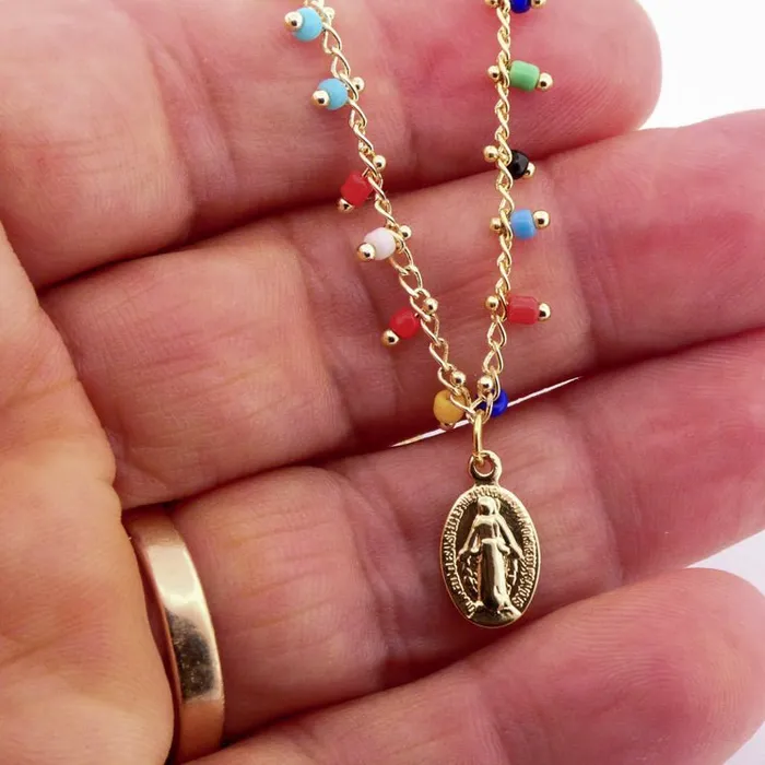 Necklaces GoldPlated Miraculous Medal Multicolor Beaded Necklace 18inch BRAZIL