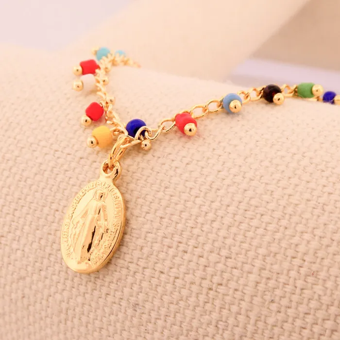 Necklaces GoldPlated Miraculous Medal Multicolor Beaded Necklace 18inch BRAZIL