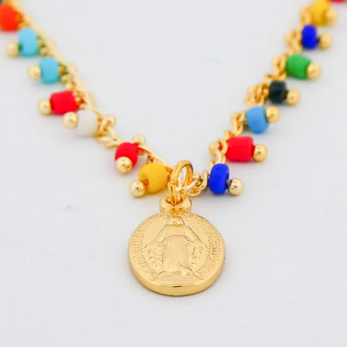 Necklaces GoldPlated Miraculous Medal Multicolor Beaded Necklace 18inch BRAZIL