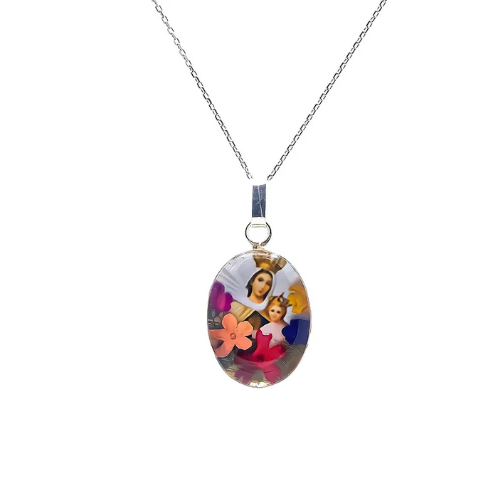 Necklaces MEXICO Our Lady of Mount Carmel Scapular Oval Small Medal Necklace w Pressed Flowers 18inch Necklaces MEXICO Our Lady of Mount Carmel Scapular Oval Small Medal Necklace w Pressed Flowers 18inch