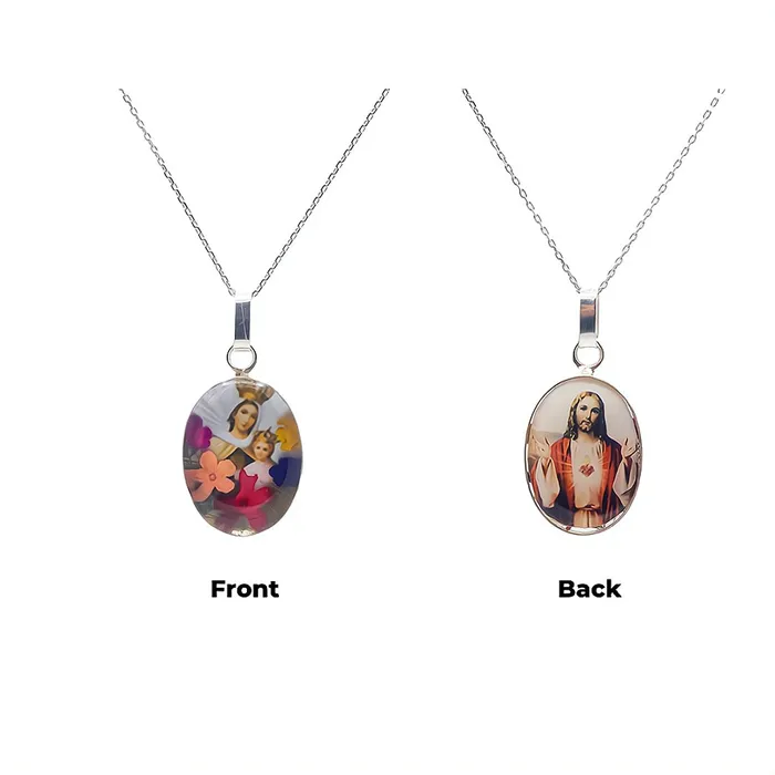 Necklaces MEXICO Our Lady of Mount Carmel Scapular Oval Small Medal Necklace w Pressed Flowers 18inch