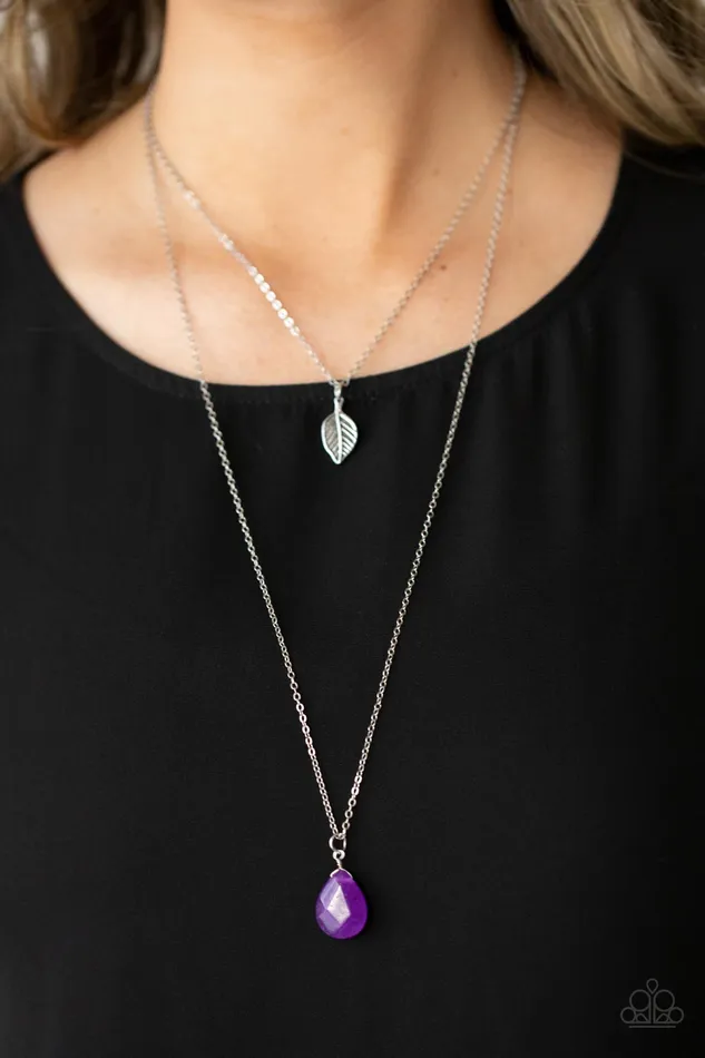 Necklaces Natural Essence Purple Teardrop Gem Silver Leaf Layered Necklace Paparazzi Paparazzi Accessories