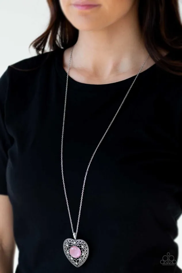 Necklaces One Heart Pink Moonstone Silver Heart Pendant Necklace Paparazzi Paparazzi Accessories