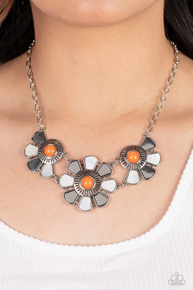 Necklaces Paparazzi Accessories Aquatic Garden Orange Bead White Shelllike Silver Floral Necklace Paparazzi