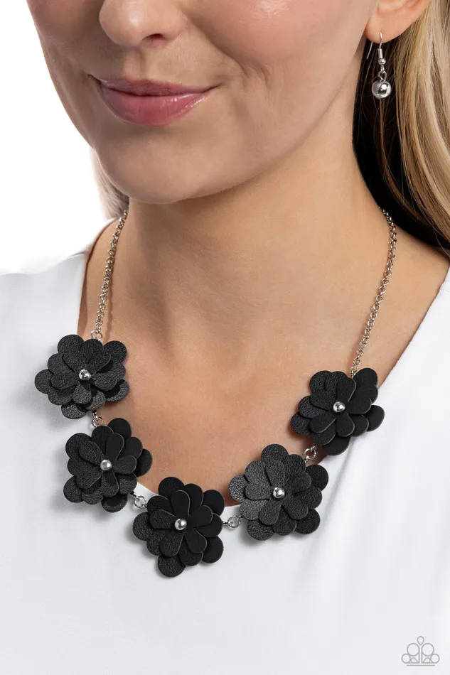 Necklaces Paparazzi Accessories Balance of FLOWER Black Leather Flower Silver Short Necklace Paparazzi