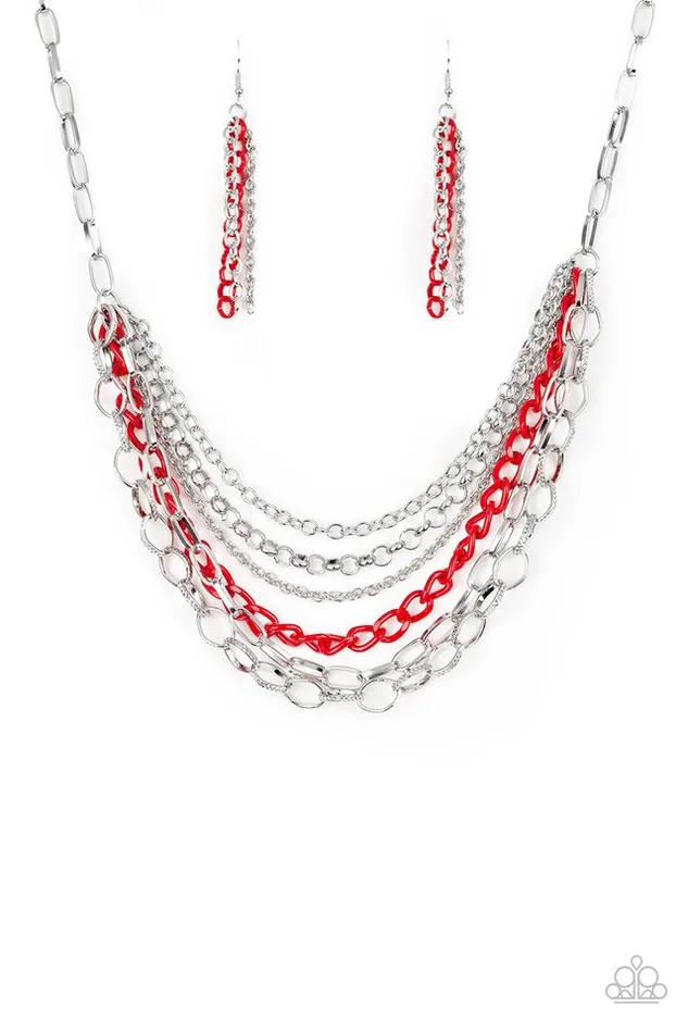 Necklaces Paparazzi Accessories Color Bomb Red and Silver Layered Chain Necklace Paparazzi Necklaces Paparazzi Accessories Color Bomb Red and Silver Layered Chain Necklace Paparazzi