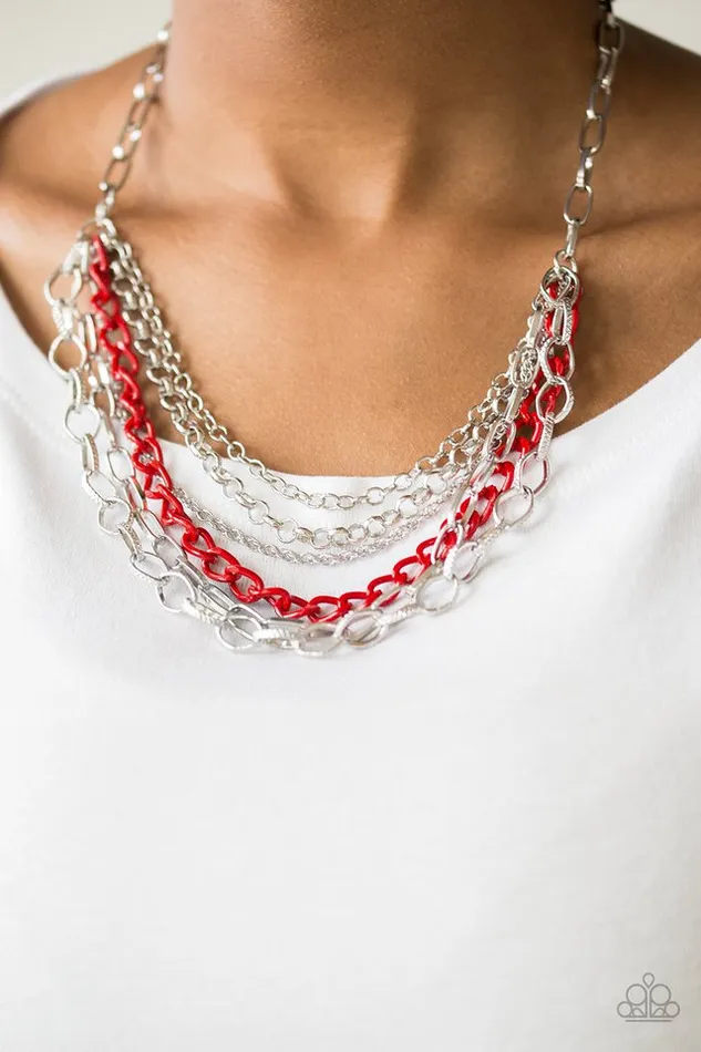 Necklaces Paparazzi Accessories Color Bomb Red and Silver Layered Chain Necklace Paparazzi