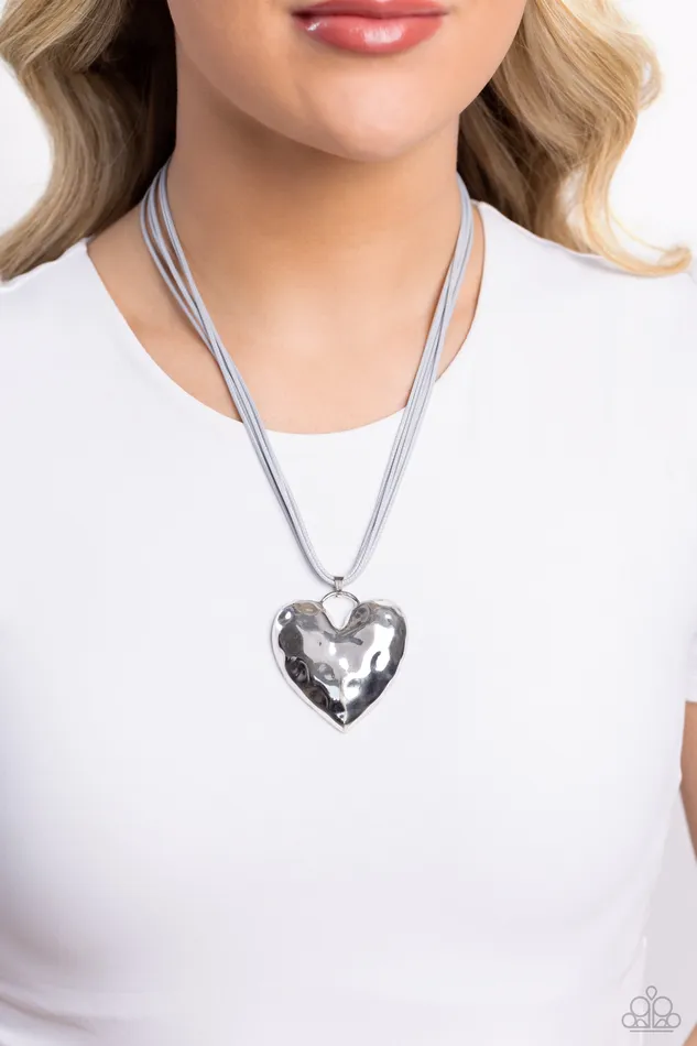 Necklaces Paparazzi Accessories Confident Courtship Silver Heart Gray Cord Heart Short Necklace Paparazzi