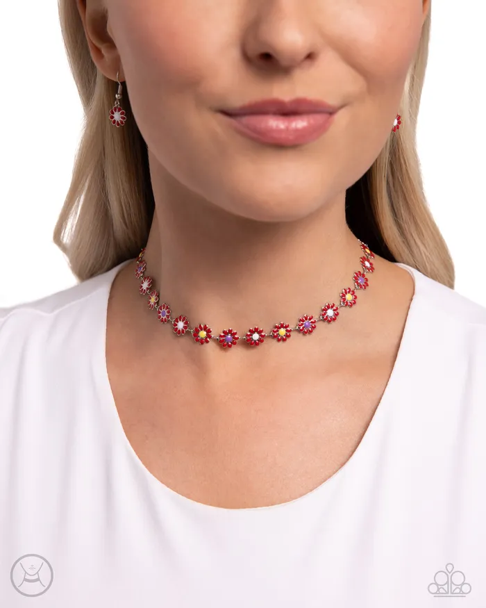 Necklaces Paparazzi Accessories Floral Falsetto Red Flower Silver Choker Necklace Paparazzi