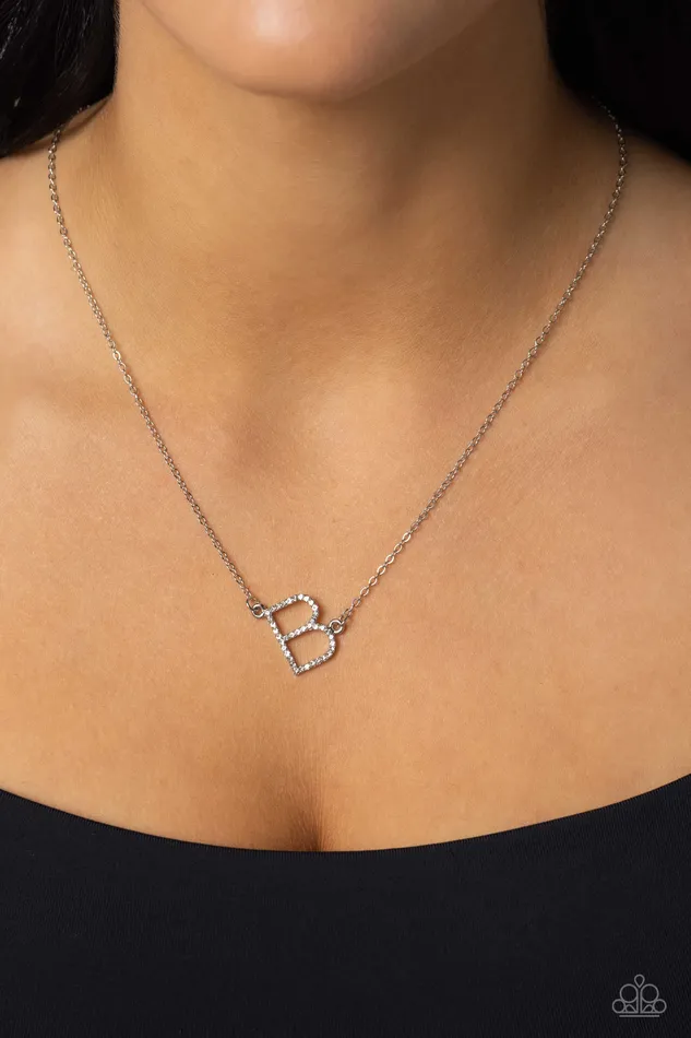 Necklaces Paparazzi Accessories INITIALLY Yours B White Rhinestone Letter Silver Short Necklace Paparazzi