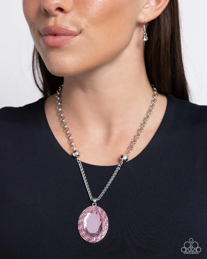 Necklaces Paparazzi Accessories Manufactured Majesty Pink Oval Gem Iridescent Rhinestone Silver Short Necklace Paparazzi