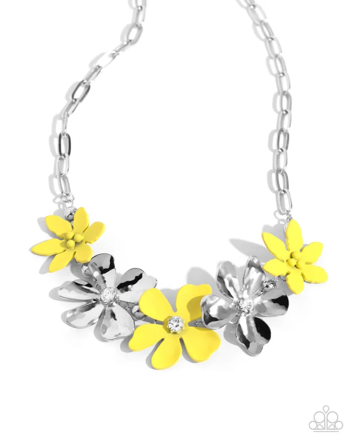 Necklaces Paparazzi Accessories Mythically Metallic Yellow and Silver Flower Short Necklace Paparazzi Necklaces Paparazzi Accessories Mythically Metallic Yellow and Silver Flower Short Necklace Paparazzi