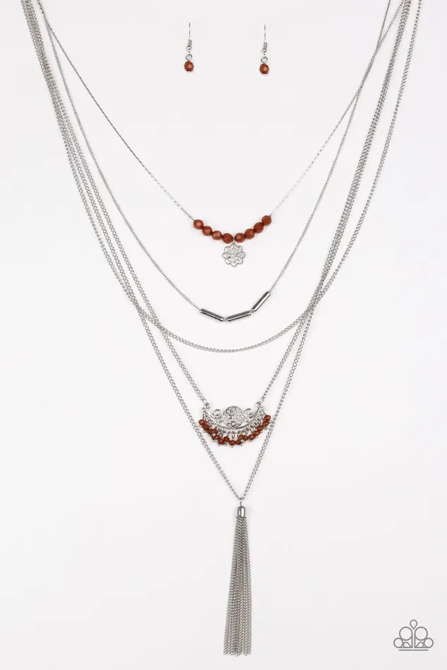 Necklaces Paparazzi Accessories Paparazzi Malibu Mixer Brown Bead Silver Tassel Layered Necklace