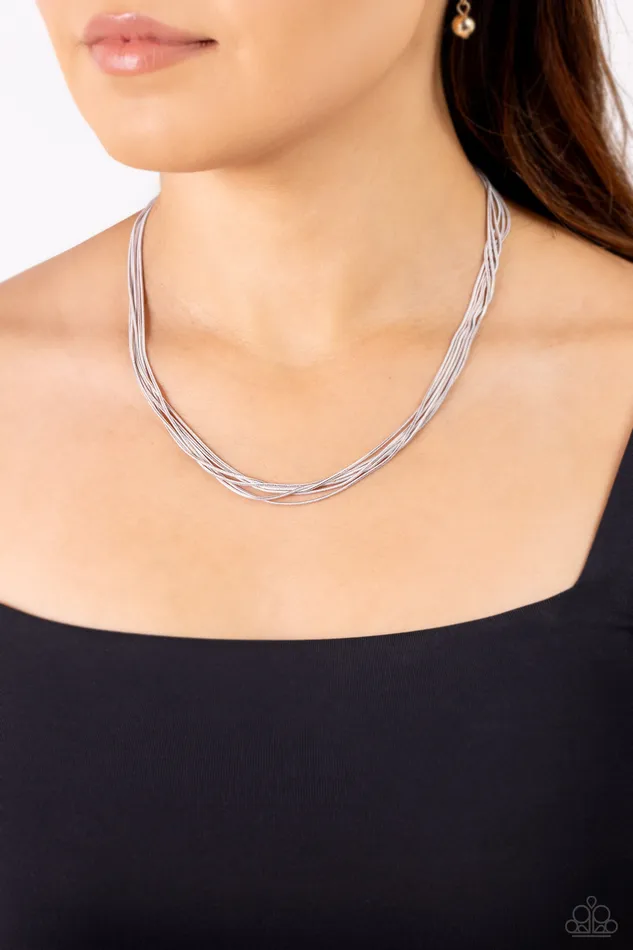 Necklaces Paparazzi Accessories Salvaging Sass White and Silver Layered Snake Chain Short Necklace Paparazzi