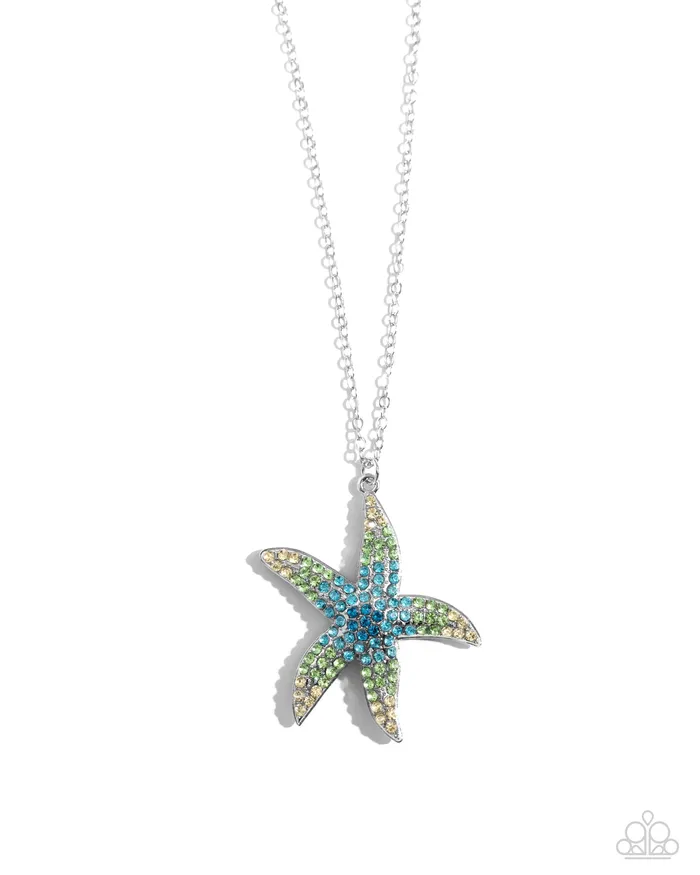 Necklaces Paparazzi Accessories Starfish Staycation Blue Green and Yellow Rhinestone Starfish Beachy Silver Long Necklace Paparazzi Necklaces Paparazzi Accessories Starfish Staycation Blue Green and Yellow Rhinestone Starfish Beachy Silver Long Necklace Paparazzi