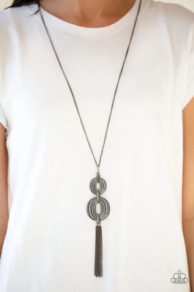 Necklaces Paparazzi Accessories Timelessly Tasseled Black Gunmetal Fringe Pendant Necklace Paparazzi