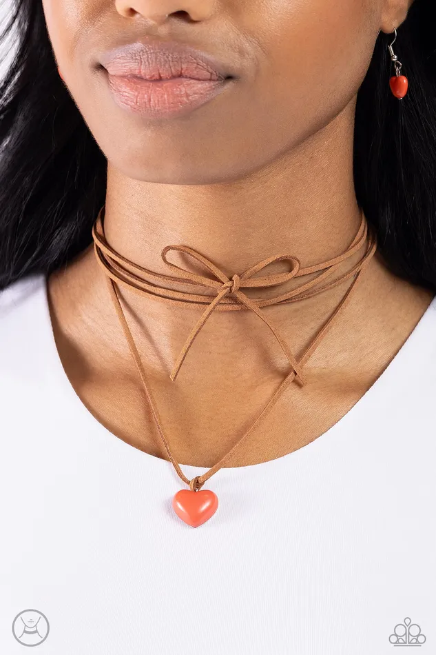 Necklaces Paparazzi Accessories Wanderlust Wardrobe Orange Stone Heart Brown Leather Cord Choker Necklace Paparazzi